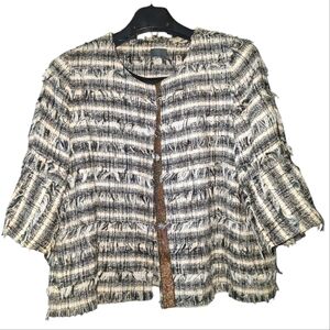 Marella Tweed Frayed Fringe Multi Color Open Front Tapestry Jacket Black Ecru